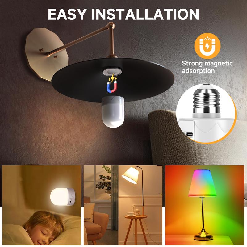 USB Rechargeable LED Light Bulbs for Non-Hardwired Fixtures 3Colors9RGB Remote Dimmable Timer Detachable Magnetic Battery Backup for Power Outage Camping Outdoor Hurricane