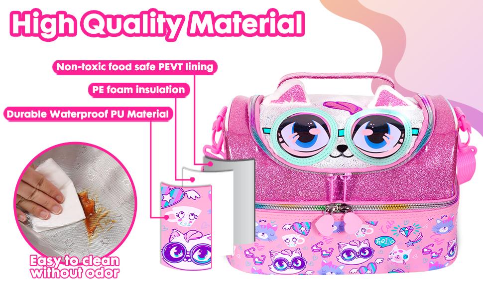 Double Decker Insulated Lunch Bag Tote - 27x18x18cm with Adjustable Strap, 3D Cat Design, Waterproof PU Material, Ideal for Picnic, Party & Travel Zipper Colorful