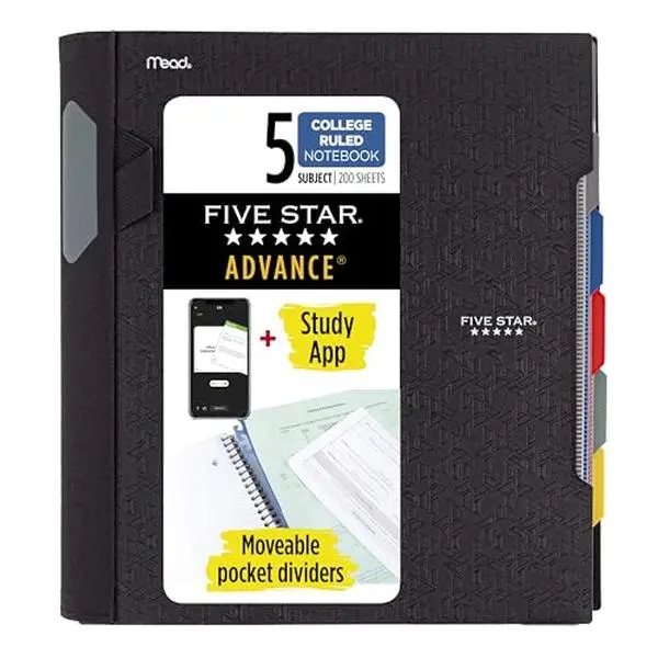 Five Star Advance Spiral Notebook + Study App, 5 Subject, College Ruled Paper, 8-1/2" x 11", 200 Sheets, Spiral Guard, Movable Tabbed Dividers, Black (73144)