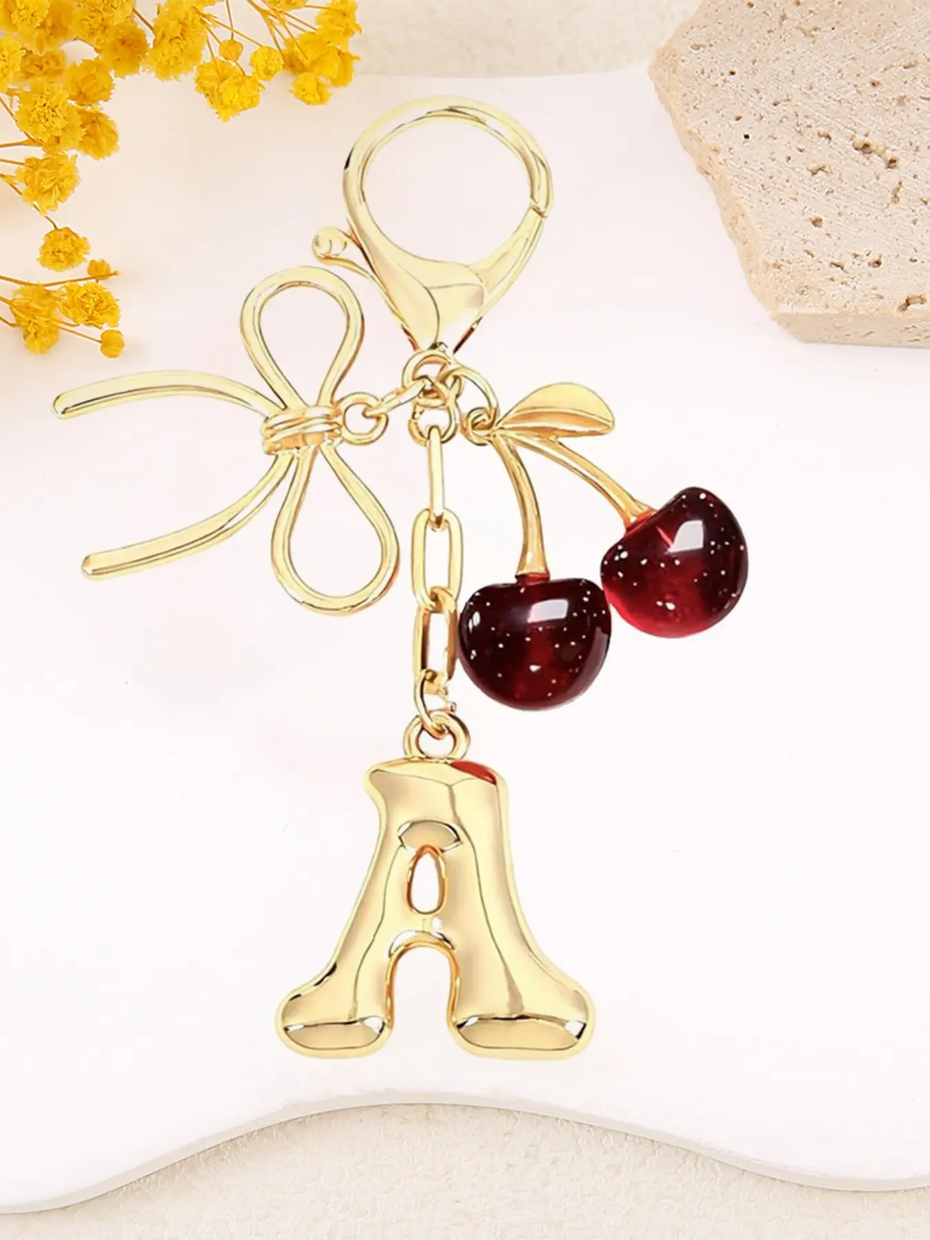 Women's Cherry Bow Letter Pendant Keychain, Cherry Design, Bow Accent, Casual Style Wallet, Handbag and Backpack Accessory, Keychain for Bags, Car Keychain for Students, Zinc Alloy Keychain