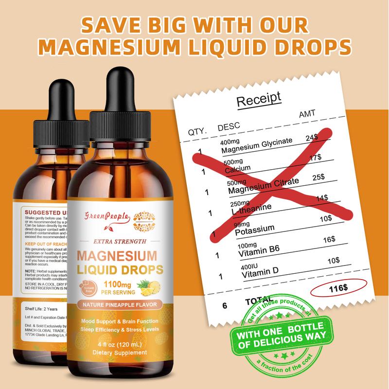 Triple Magnesium Complex Supplement 1100mg - Magnesium Liquid Drops - Pineapple Flavor, Calm Mood, Muscle & Sleep - 120ml 4 fl.oz Healthcare Dietary