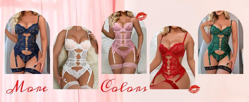 Women's Floral Lace Mesh Lingerie Set Teddy Babydoll Bodysuit with Garter Belts Valentine's Day Christmas Gift Minimalist Nightgown Sleepwear