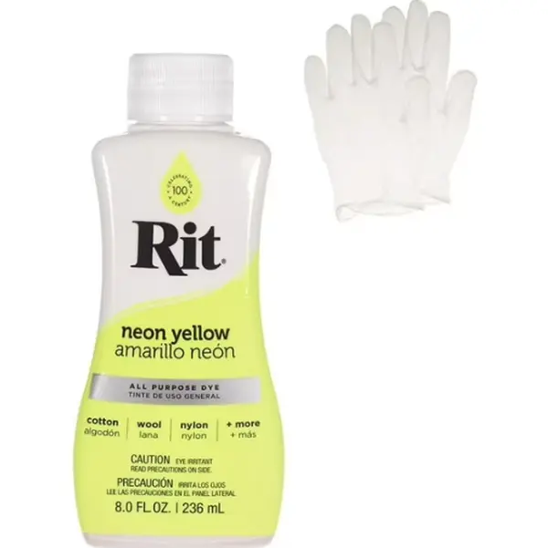 Rit Neon Yellow 8 oz Liquid Fabric Dye - 8-oz Bottle for Cotton Fabrics, Clothing, Home Décor, Craft Projects, with 1 Pair of Medium Latex-Free Vinyl Gloves