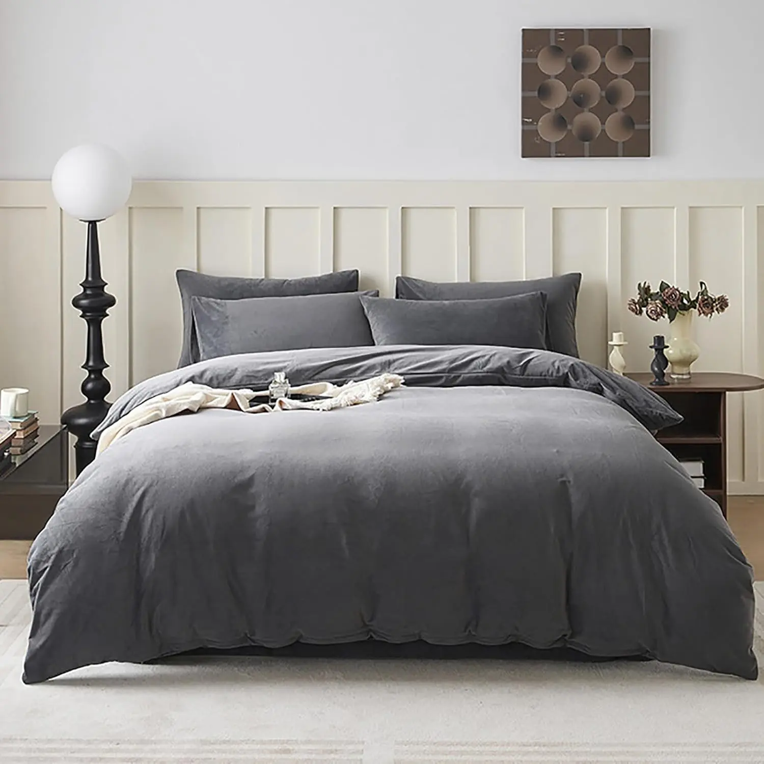 King Size Solid Velvet Comforter Set - Grey, Soft Plush Fluffy Winter Warm Super Heavyweight Flannel Comforter with 2 Pillowcases, Modern Design, Breathable Softness for Adults, Use Cool or Warm Water, Bedroom Use, Skin-Friendly