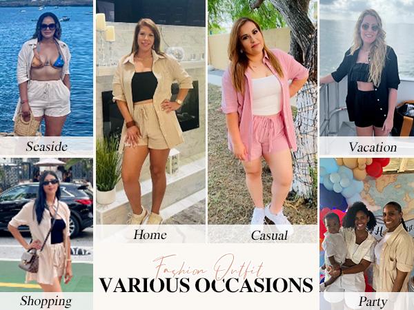 Plus Size Women's 2 Piece Outfits Cotton Linen Shirt and Drawstring Shorts Set Summer Tracksuits 2025#US 2025 Deals for You Days