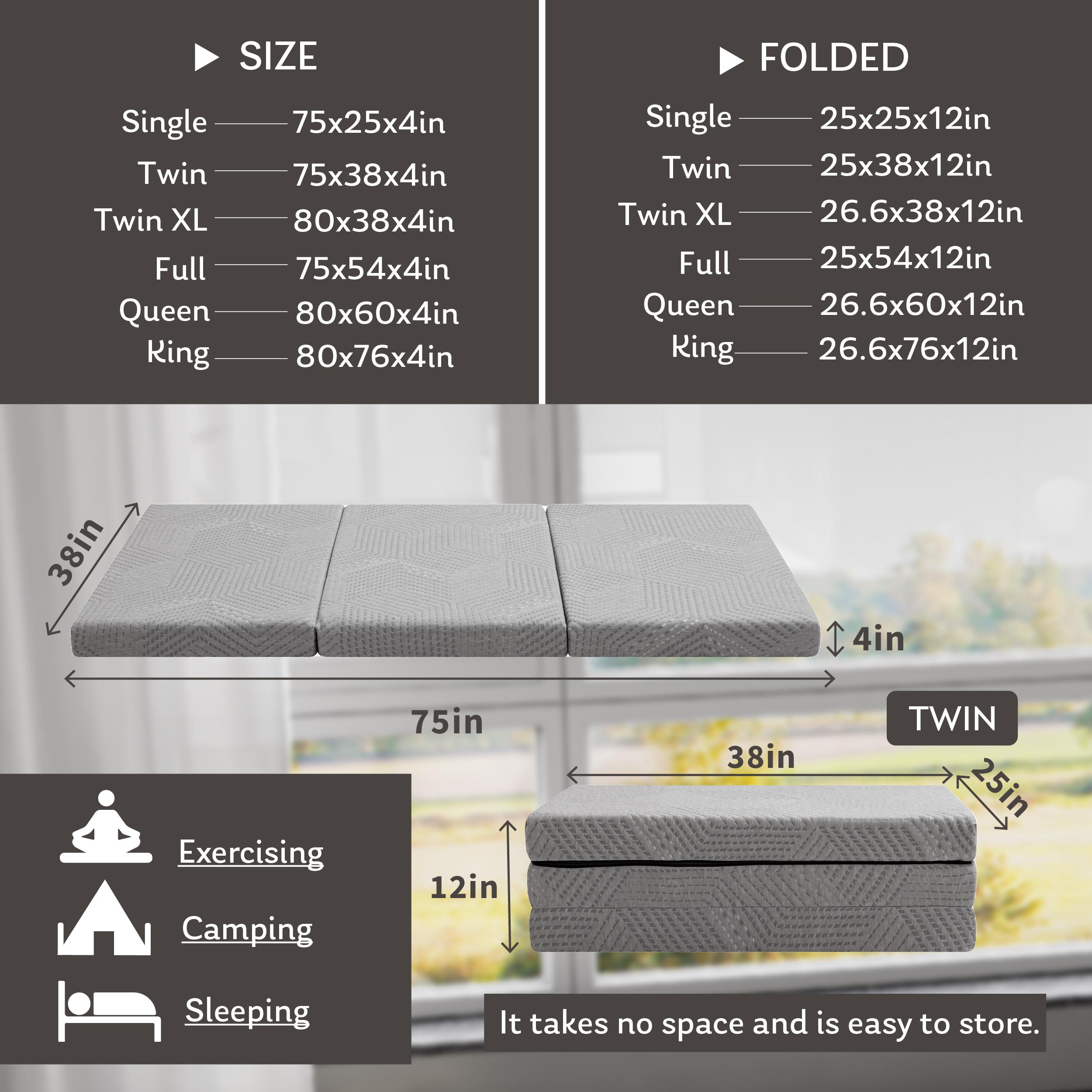 EGO Tri Folding Memory Foam Topper, Travel and Yoga Mats, 4 inch Single topper with Washable Cover, Twin Full Queen King