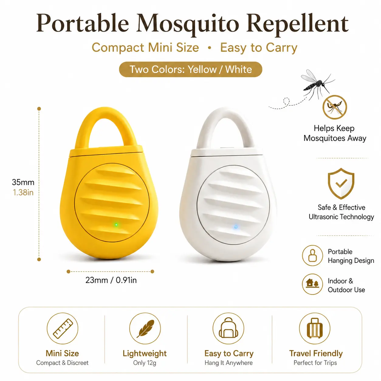 Portable Ultrasonic Mosquito & Bird Repeller, Mini Electronic Pest Deterrent with Hanging Loop for Camping, Patio, Garden, Backyard and Outdoor Use