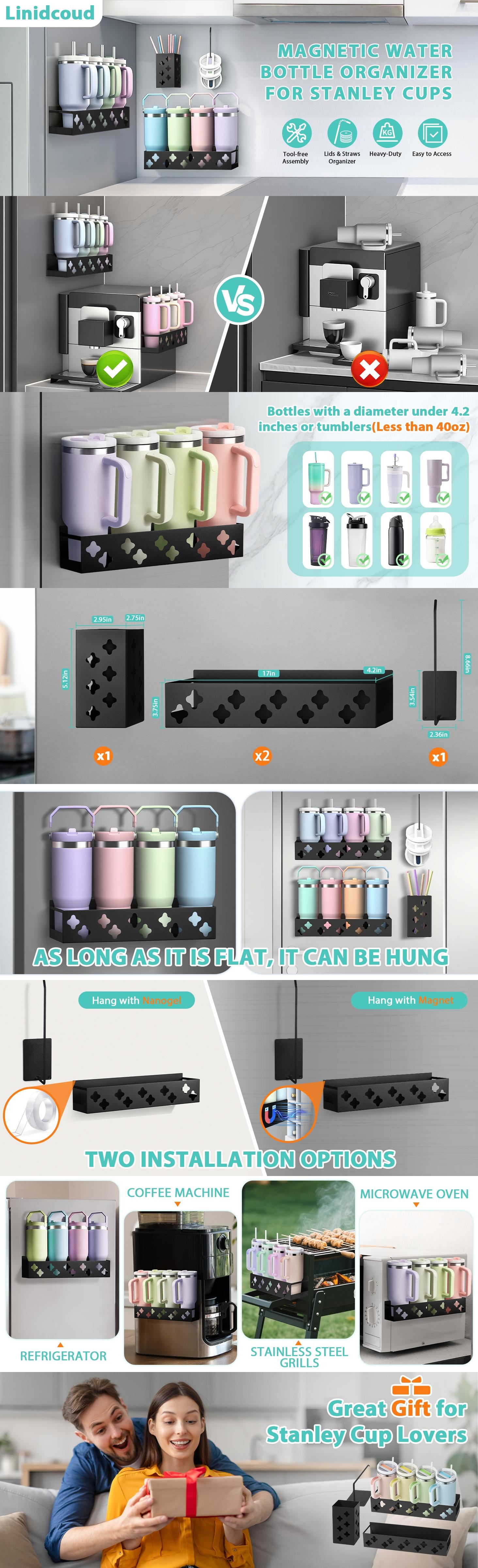 Magnetic Water Bottle Organizer for Fridge, Magnetic Cup Holder for Stanley 30 40 Oz with Tumbler Lid & Straw Organizer, 8 Tumblers Kitchen Storage Rack for Stanley Cup Accessories, Space-Saving