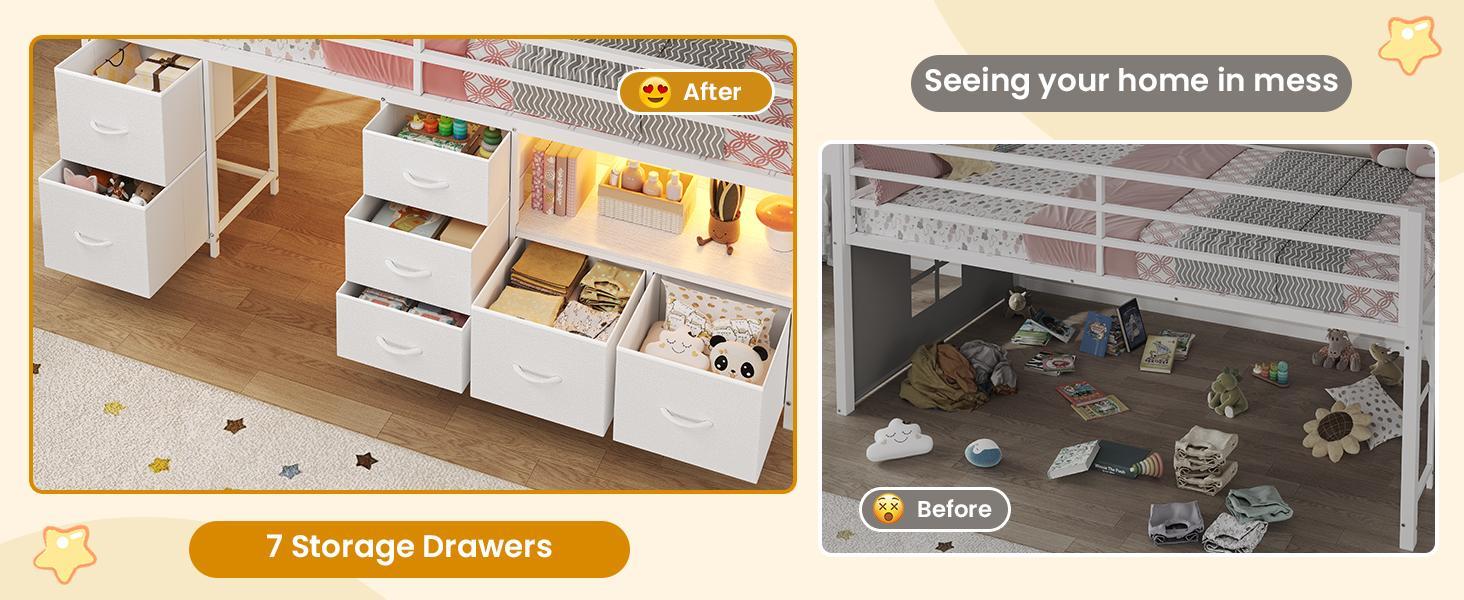 Sikaic Low Loft Bed Twin Size with 7 Storage Drawers, Bookcase and LED Lights, Metal Kids Loft Bed with 14" H Safety Guardrail, Inclined Ladder and Play Curtain, Under-Bed Play Space