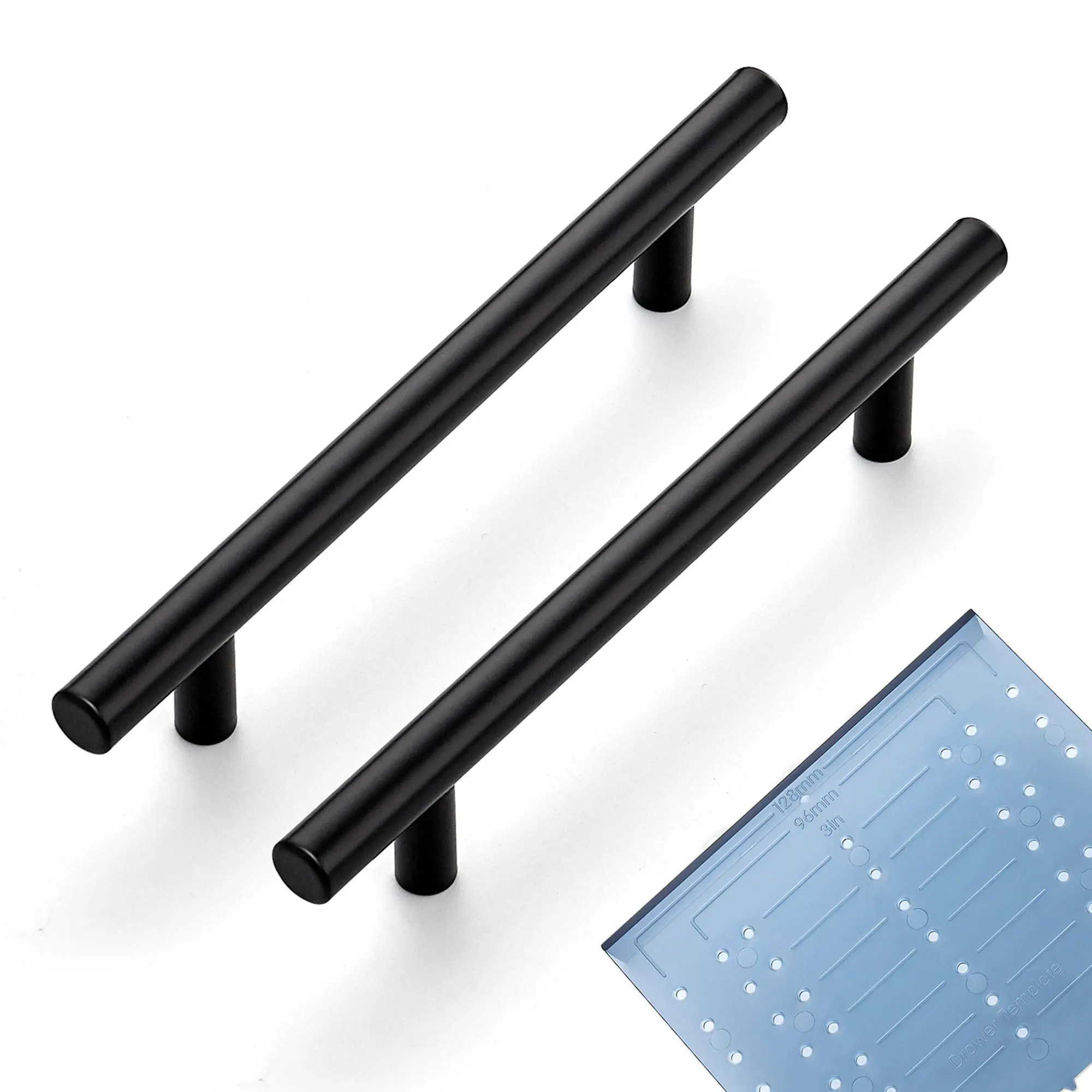 Ravinte Matte Black Round Stainless Steel Functional Cabinet Pulls - 128mm Total Length, Specific Diameter Kitchen Drawer Handles with Mounting Kit, Template Guide for Chest, Size Specific