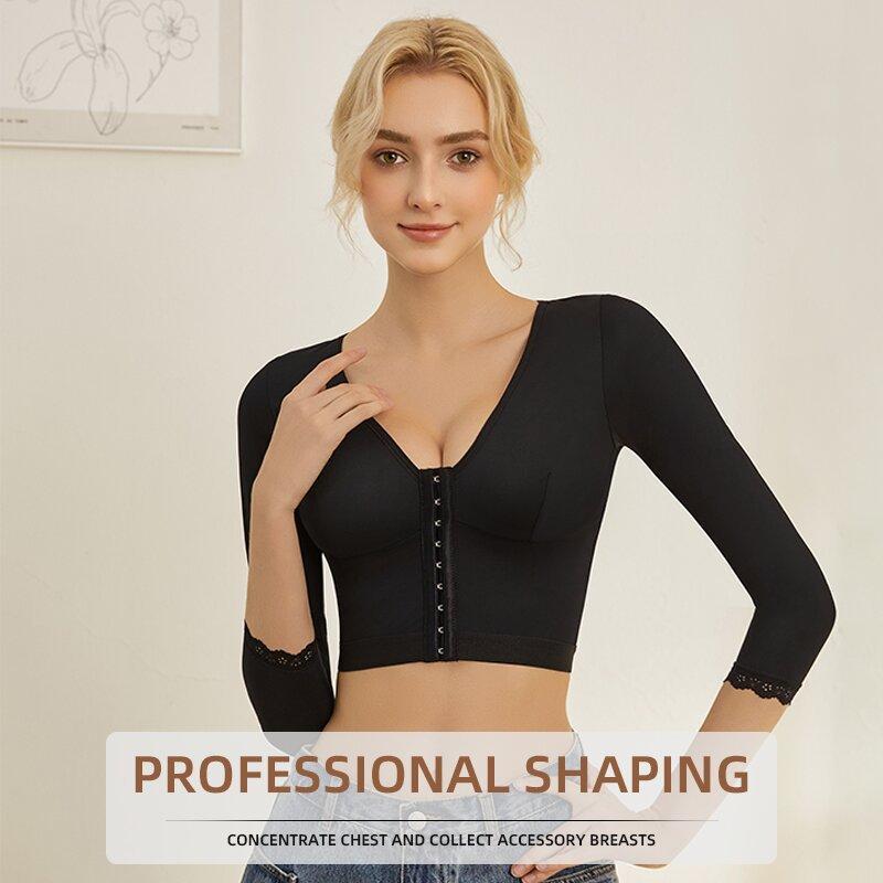 Women's Arm Shaper Tummy Control Post Surgery Arm Lipo Compression Long Sleeves with Lace Arm Front Zipper Closure Shapewear Bra