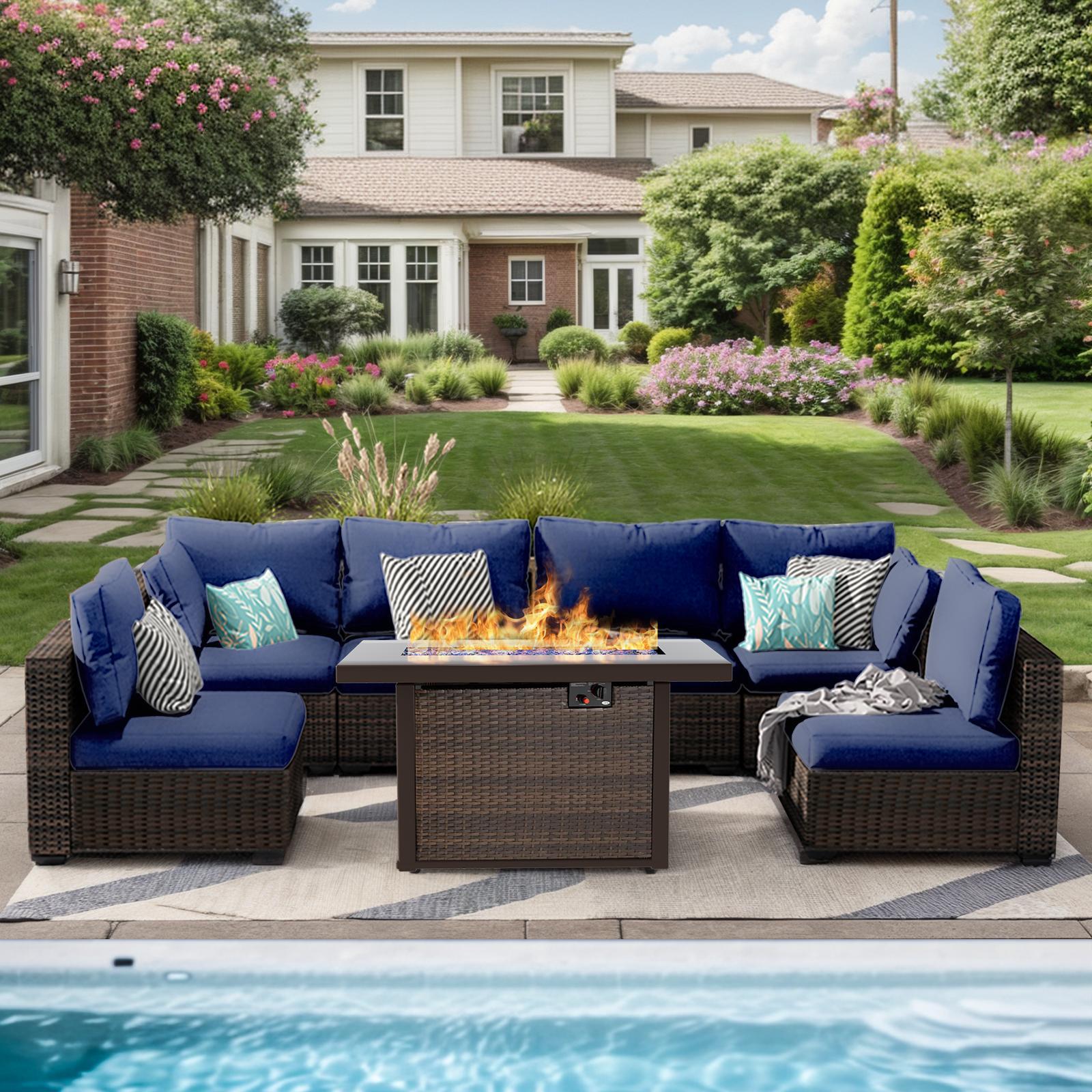 【3 packages shipping】Gaptainer 7 Pieces Patio Furniture Set with 44" Fire Pit Table,Rattan Outdoor Sectional Conversation Sets,All Weather Outdoor Furniture Set with Cushions for Garden Lawn Balcony Porch Deck
