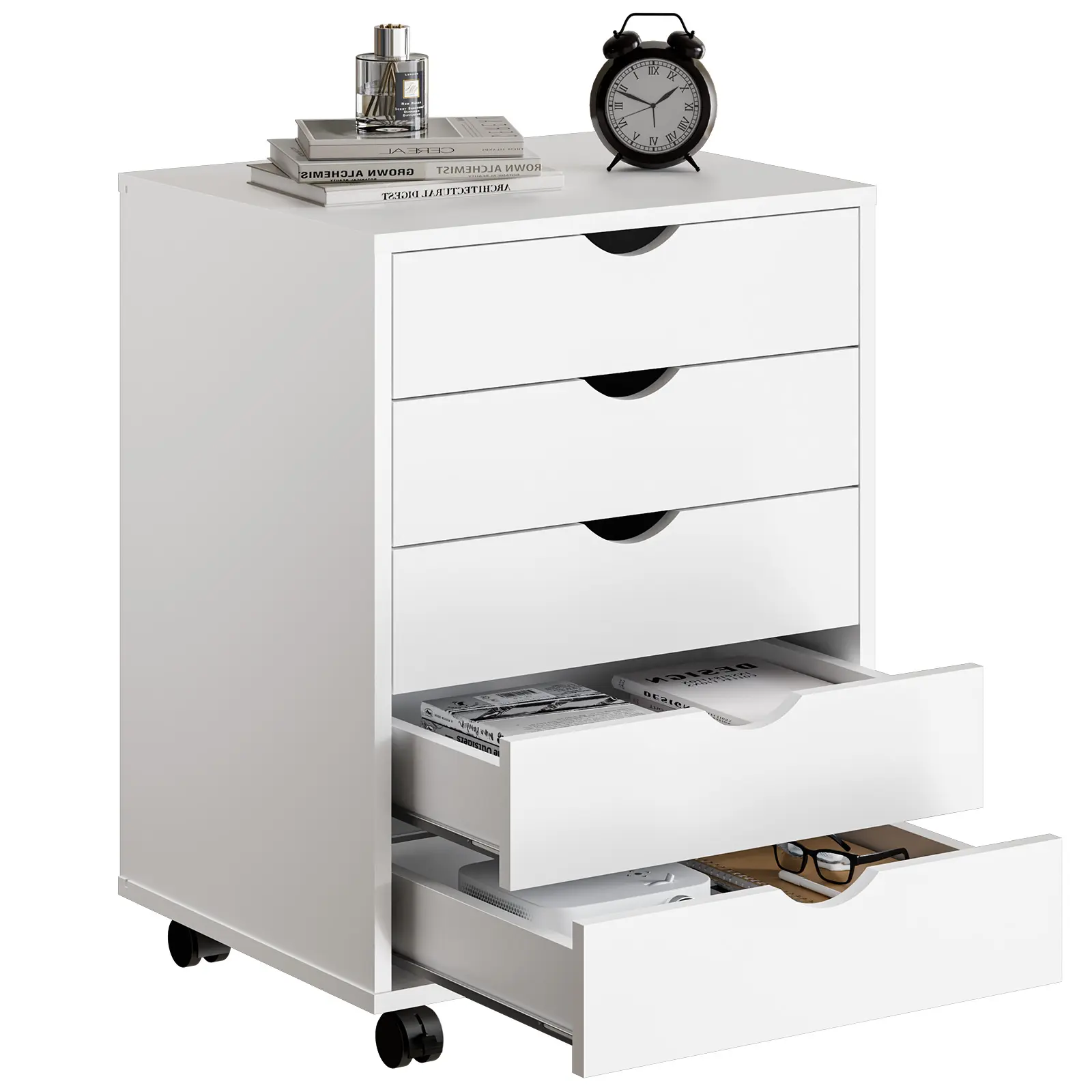 5 Drawer Mobile File Cabinet Under Desk Storage Organization with Wheels Vertical Filing Chest Rolling Wood Small Desk Printer Stand for Home Office, 15.75"D x 18.74"W x 25.39"H