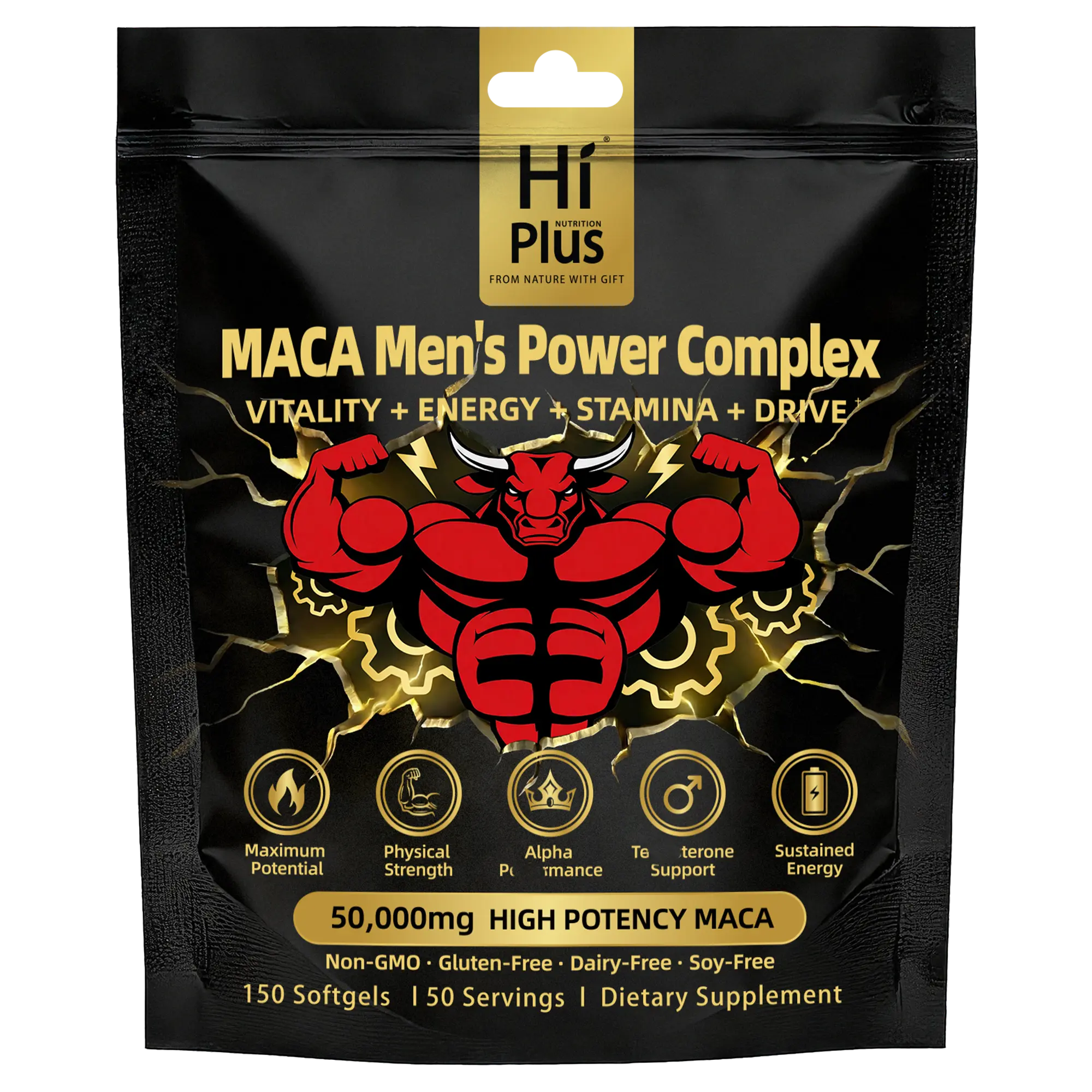 HiPlus Men's Dietary Fitness Complex Blend Capsules - Shilajit, Maca, Ashwagandha, Ginseng, Vitamin C Supplement - Supports Energy, Stamina for Adults - 150/300 Softgels