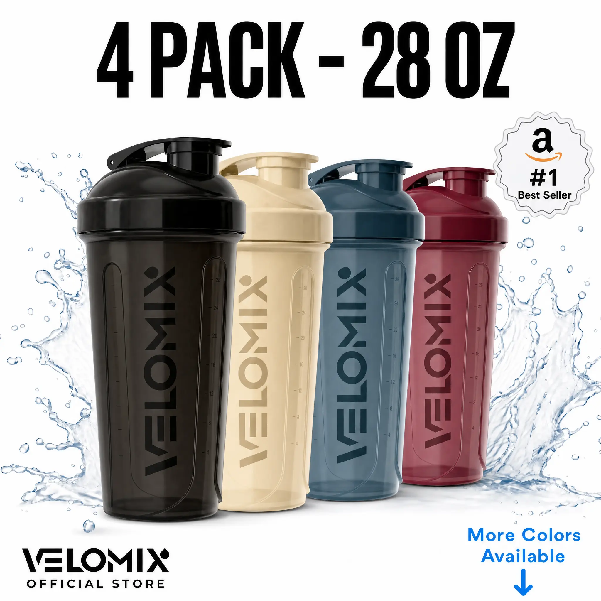 VELOMIX 4-Pack 28oz Protein Shaker Bottles - BPA-Free, Leak-Proof Gym Accessories Water Bottles with Wire Whisk Ball for Gym Essentials (Multiple Colors), Unisex, Gym Stuff