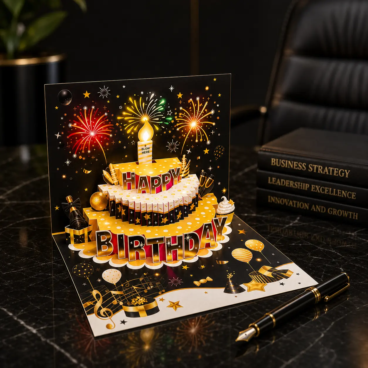 Elegant Black and Gold 3D Popup Musical Greeting Card & Invitation Envelopes - Laser Cut Cardstock, Blow-Sensitive LED Candle, LED Lights, Separate Insert Card, Office Stationery for Bosses, Clients, Birthday-Themed, Music+Lights, 3D Popup Greeting Card &