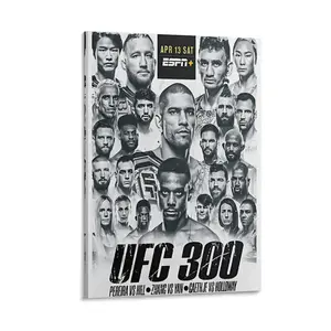 UFC 300 poster, featuring Pereira, Hill, Gaethje, Holloway, Oliveira, Procházka, and Aljo. A poster showcasing numerous champions. A must-have collectible for UFC fans and mixed martial arts enthusiasts.