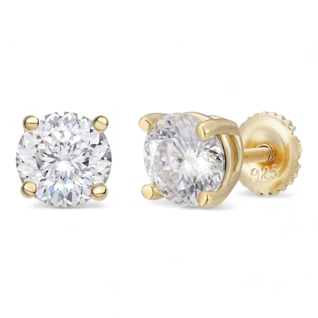 MOISSANITE Portuguese Cut - 100 Facets Each Stone - Solitaire Stud Earrings - 14k Gold Vermeil 925 Silver - 5mm-8mm - 1-4ct