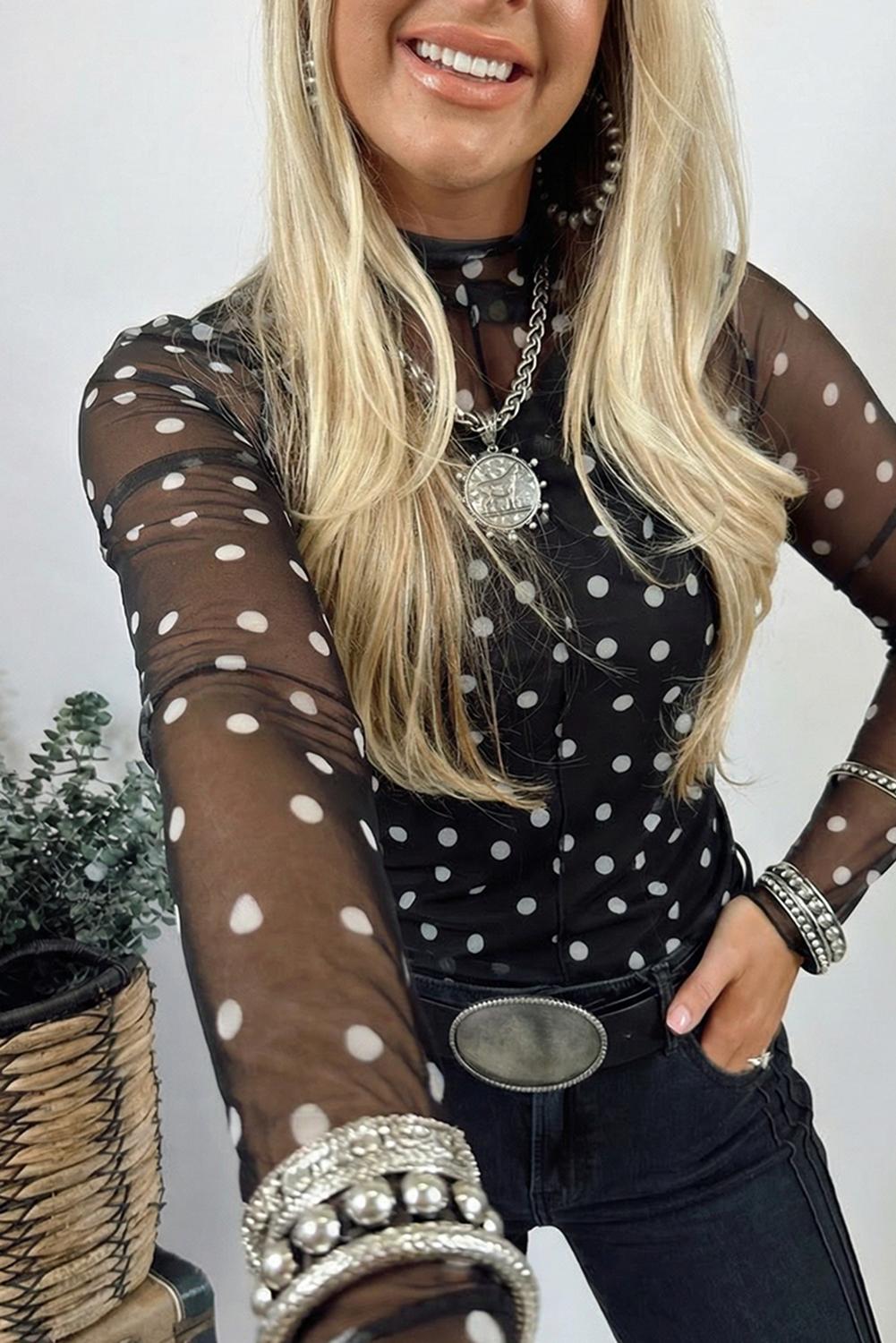 Znacicc Rose Print Mesh Top for Layering, Women's Slim Fit Mock Neck Long Sleeve Blouse , Perfect with Jeans & Jewelry for Going Out