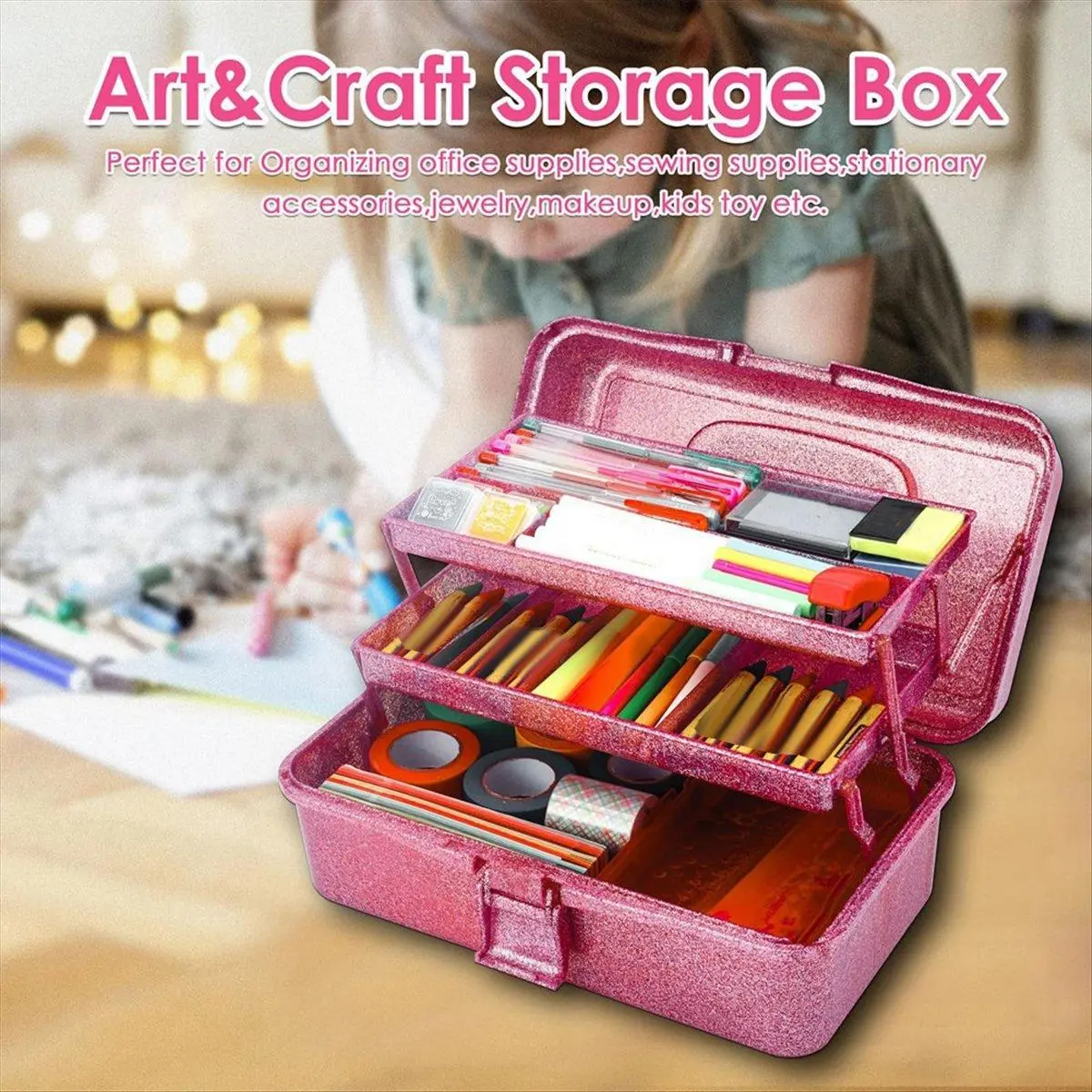 Glitter Pink & Craft Tool Storage Box,3-Layer Stackable Carry Tackle Box  Sewing Box Organizer for Art - TikTok Shop