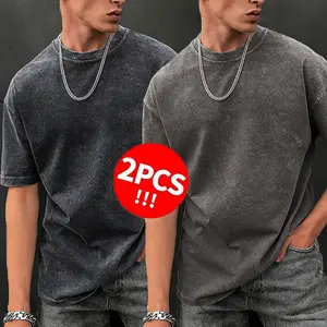 Men’s American Vintage Distressed Short-Sleeve T-Shirt, 2-Pack, Loose Fit, Crew Neck, Washed Finish, Streetwear Style for Summer