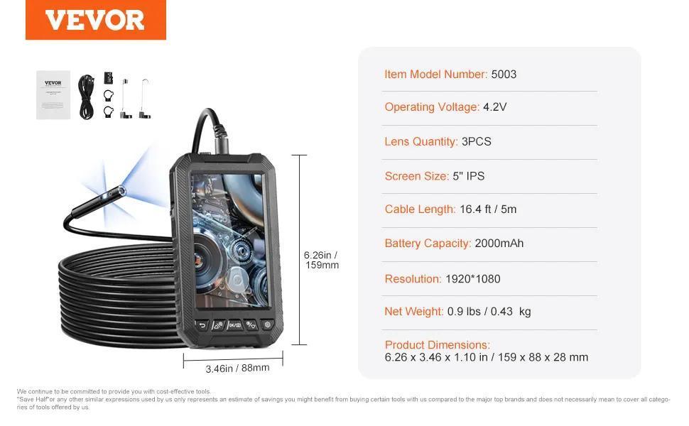VEVOR Endoscope Camera with Light,  , Triple Lens Borescope with 49.2FT Semi-Rigid Cable, 5" Screen 1080P Inspection Camera, 8 + 2 LED Lights, IP67 Waterproof Snake Camera for Auto, Plumbing (32GB Card)