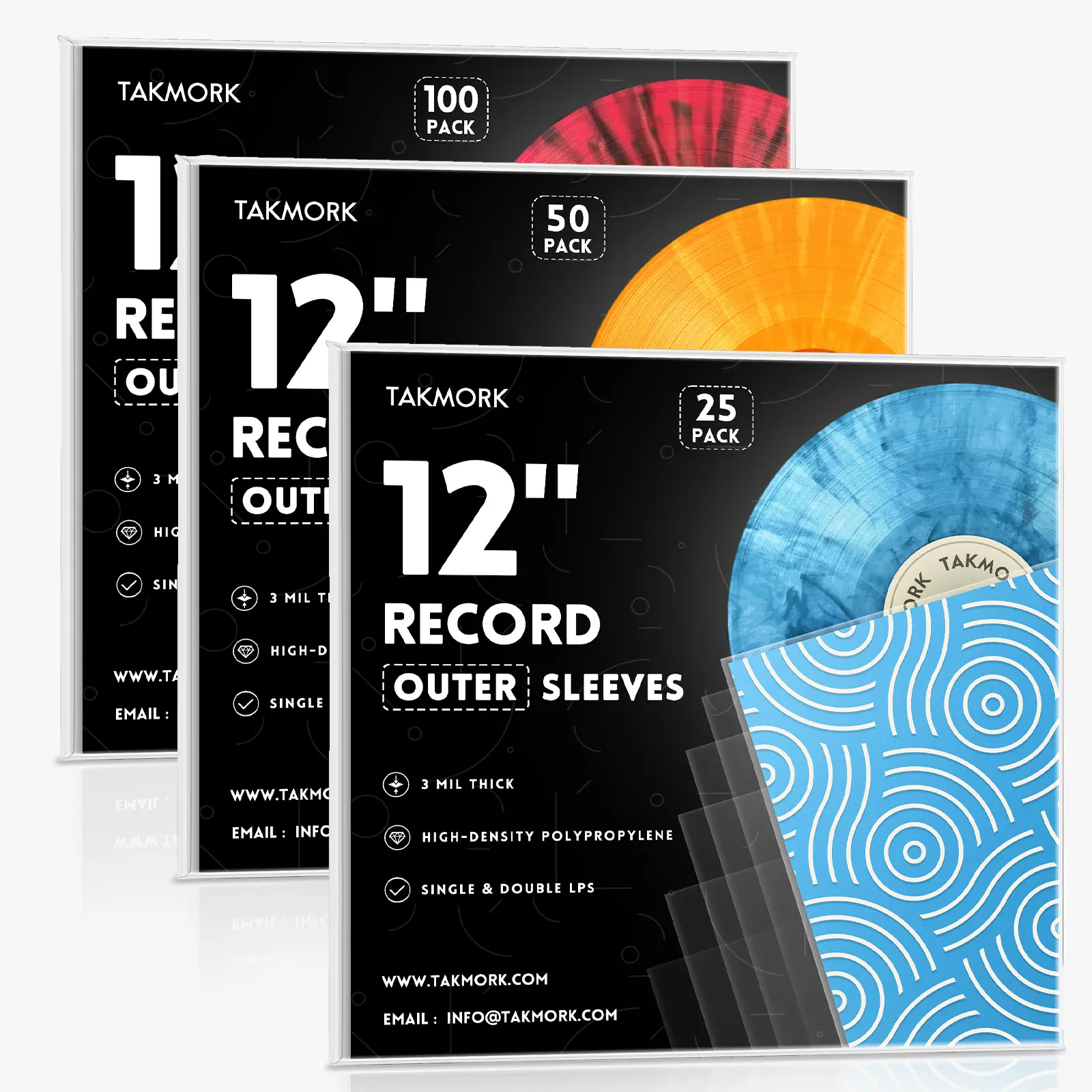 TAKMORK Premium 12in Vinyl Record Outer Sleeves - 3mil Thick High-Clarity Durable PP Shield, 100pcs Pack, Fits 12" LPs Single & Double Fit, for Enthusiasts & Collectors