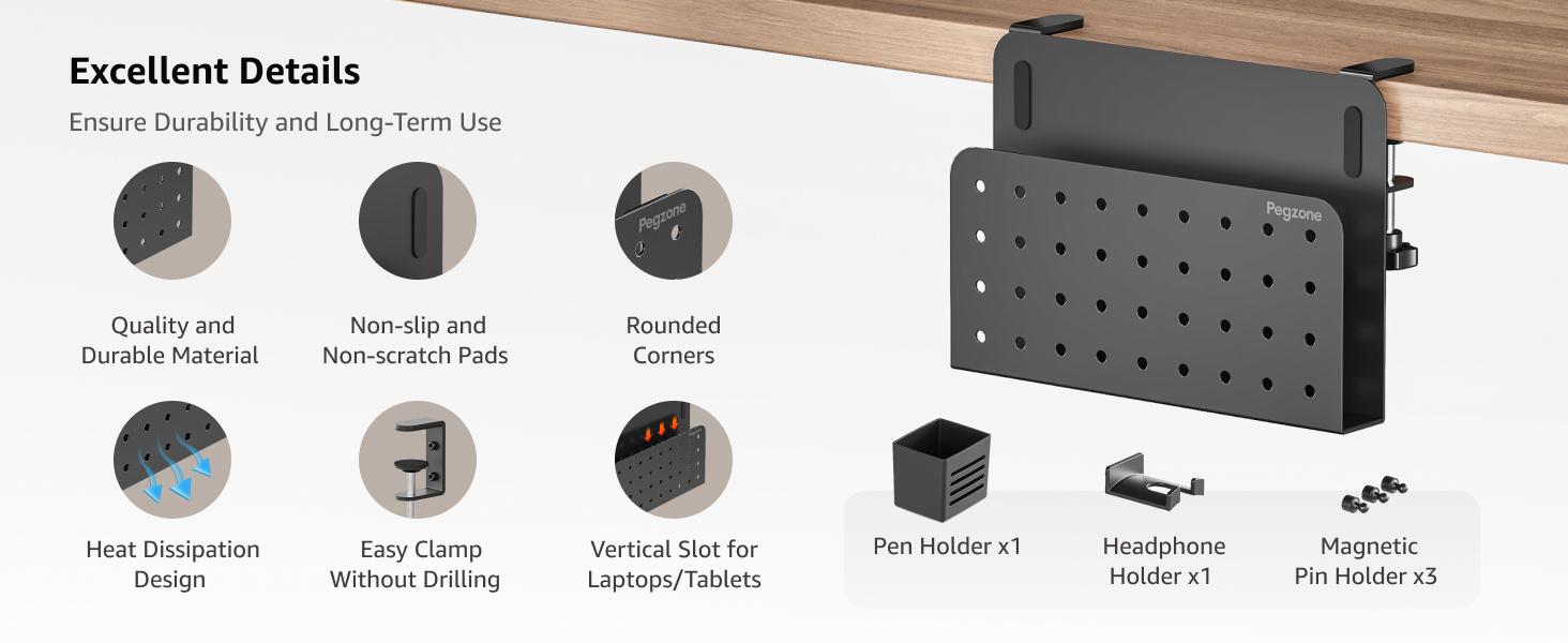 Desk Side Storage Organizer, No Drill Under Desk Laptop Holder, Clamp on Desks Shelf with Pegboard Accessories, Hanging Laptop Mount, Fits Flat Edge 0.4" to 2.2"