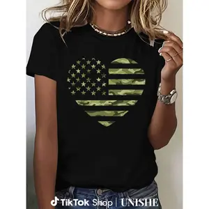 Military Tactical Cotton T-Shirt with American Flag Heart Camo Pattern