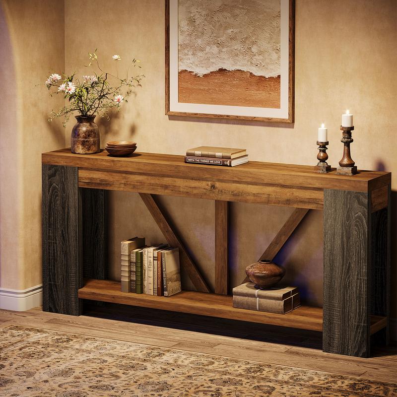 LITTLE TREE  70.9" Extra Long Entry Table, Farmhouse Wood Console Table with Storage, Modern Accent Sofa Table Behind Couch Foyer Tables for Entryway, Living Room, Entrance, Rustic Brwon
