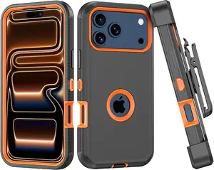 Compatible with iPhone 17 Pro Max Case, with Belt Clip Holster Heavy Duty Rugged Shockproof Full Body Protection Kickstand Cover for iPhone 17 Pro Max Phone (Black+Orange)
