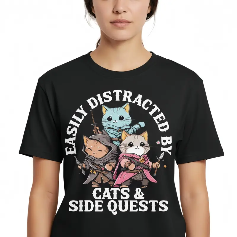 Women's Soft Short-Sleeve Round-Neck Cotton T-Shirt - Unisex DnD Fan Graphic, Funny RPG Gamer Cat & Dice Print, Retro Streetwear Casual Unisex Tee, Shareable Style Funny Gifts Christmas for Tabletop Roleplaying Fans