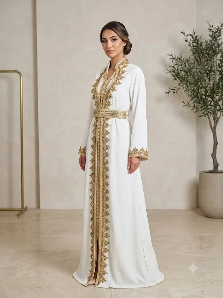 Women's Islamic Luxury 3-Piece White Kaftan Abaya Set, Gold Embroidery, for Eid & Weddings
