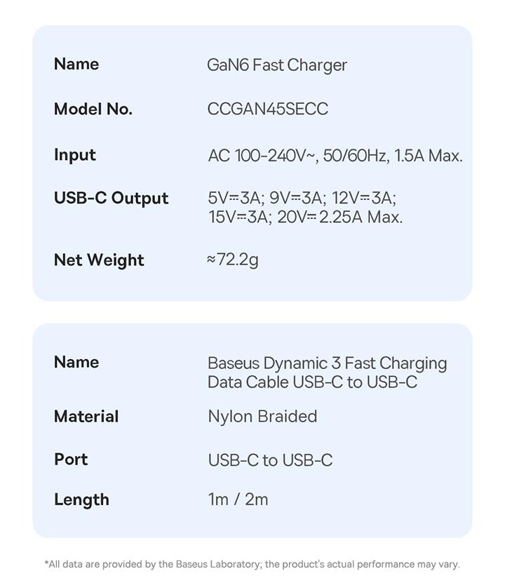 【Pack of 2】Baseus GaN6 Fast Charger 1C 45W US  (2*Baseus Mini White Fast Charging Data Cable)