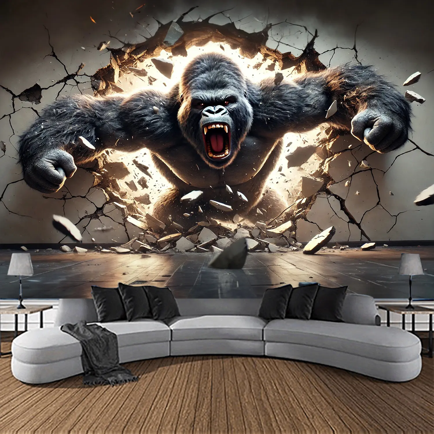 Dynamic Gorilla Wall Tapestry, Large Polyester Hanging Fabric, Animal Theme Peach Skin Velvet, Indoor Wall Art for Living Room Bedroom Office Home Party Decor,