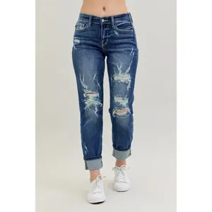 Judy Blue Full Size Mid Rise Cuffed Destroy Boyfriend Jeans