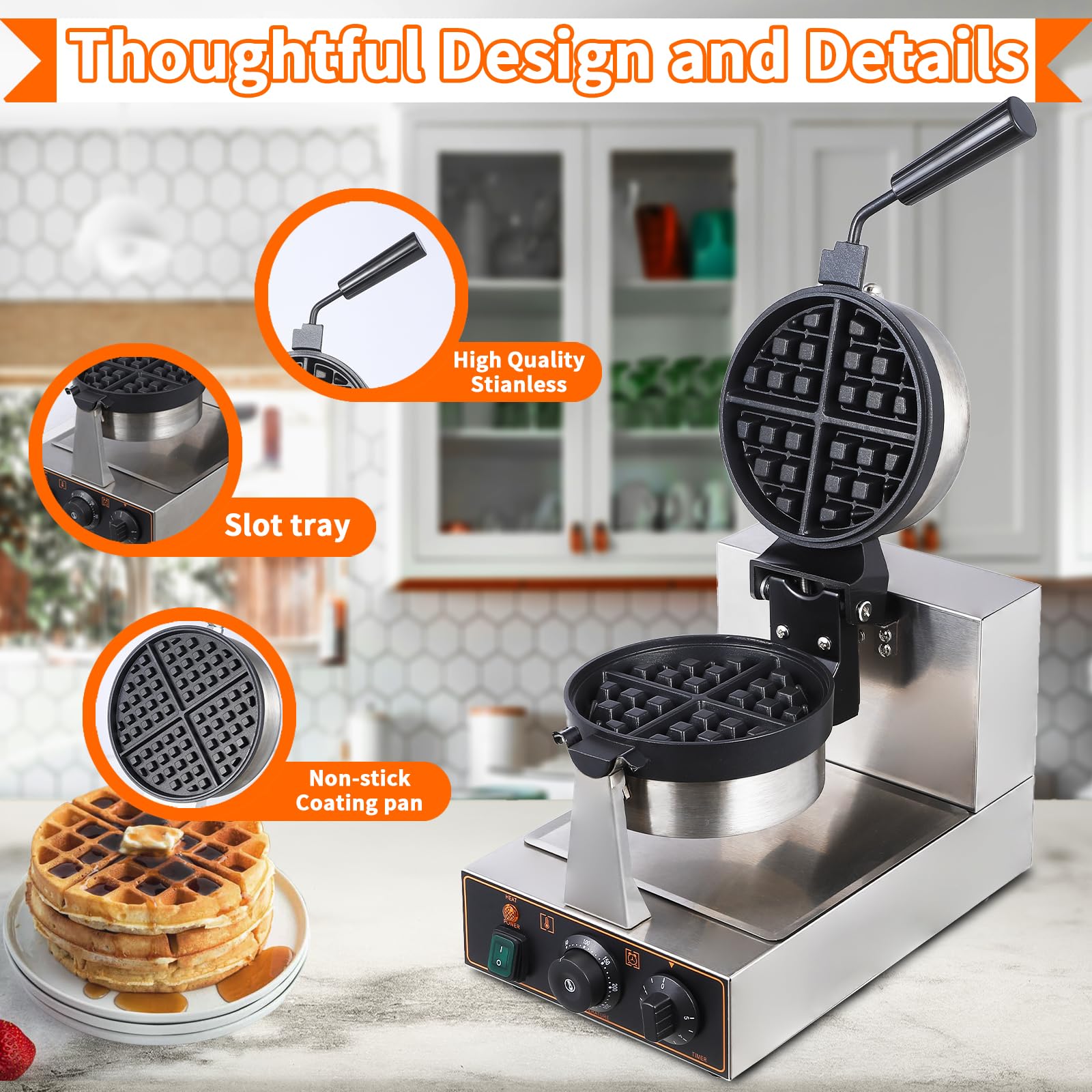 【GARVEE】Commercial Electric Waffle and Waffle Cone Makers with Durable Stainless Steel Build, Nonstick Surfaces, Adjustable Temperature and Timer Controls, Ideal for Restaurants, Snack Bars, and Bakeries, 110V Power Options