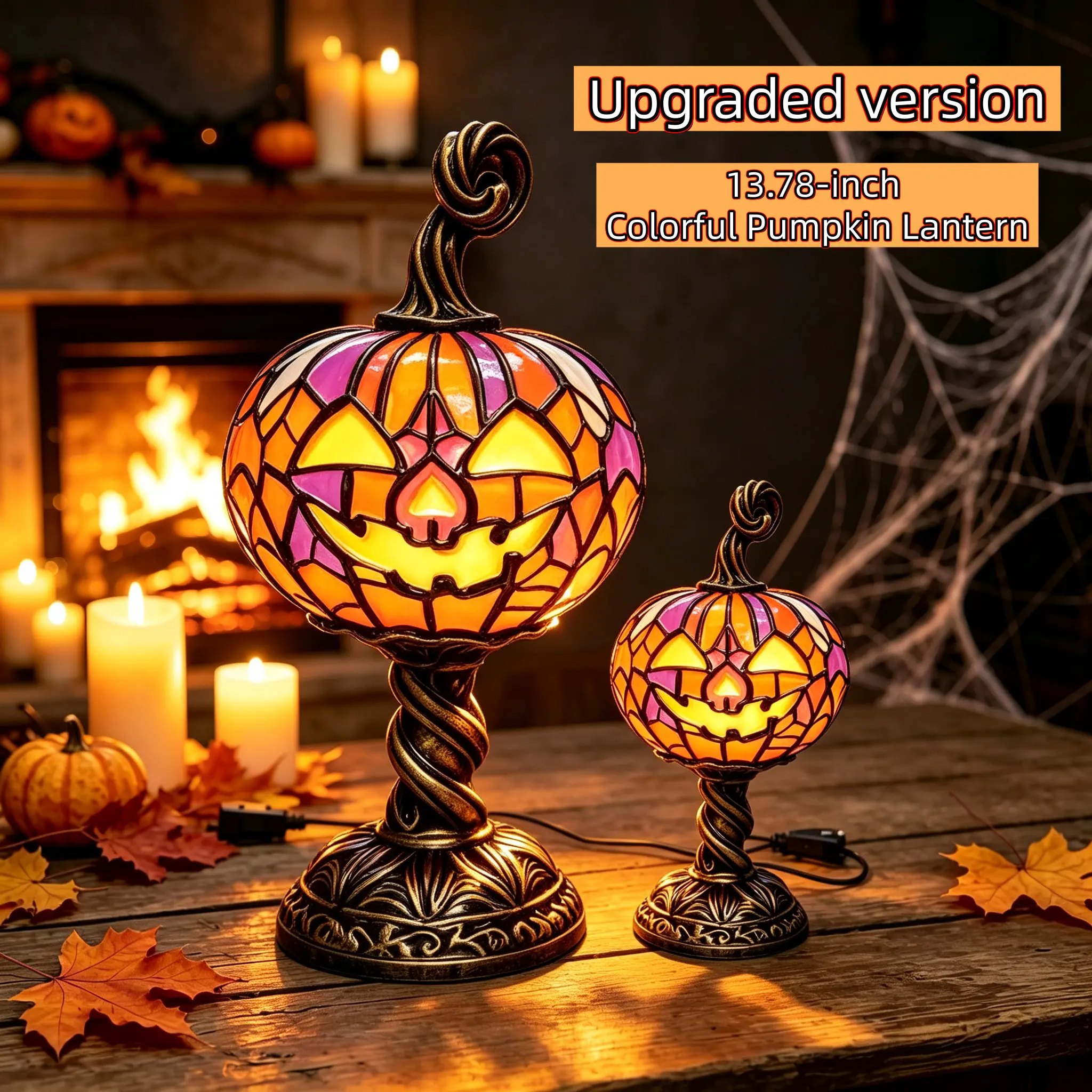 Large 13.78in Halloween Colorful Upgraded Pumpkin Table Lamp, Retro Tiffany Style Pumpkin Night Light, Colorful Retro Decorative Table Lamp, Perfect for Holiday Parties, Home Desktops, Bedroom Decorations, and Holiday Gifts.
