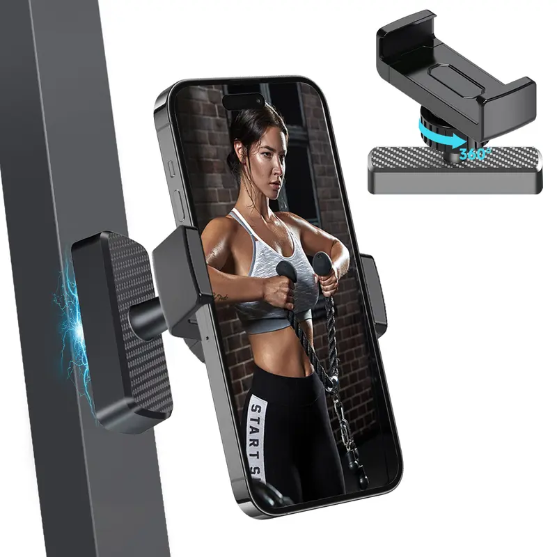 Magnetic Mobile Phone Holder Stand - 360° Rotatable, Strong Portable Grip, Kickstand-Free, No Tools, Adjustable, Magsafe Compatible, Smartphone Mount for Gym Workout Recording, Android/iOS (iPhone 17/16/15/14) Fit, Fitness Essential, Gift for Men