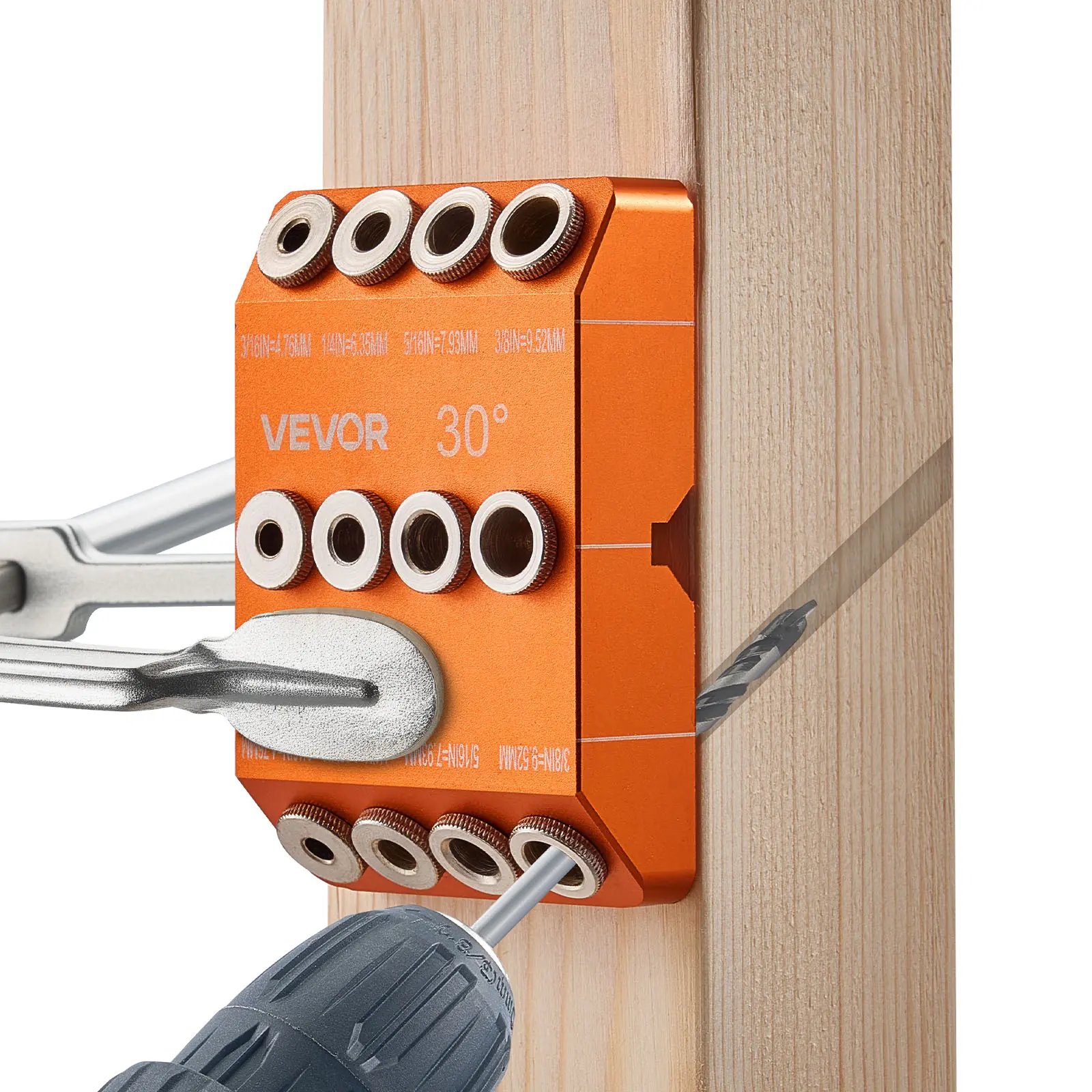 VEVOR Lightweight Aluminum Alloy Drill Jig - Jig Router Accessories & Parts, Portable for Job Site Use, 30/45/90° Angles, 4 Guide Sizes, 90° V-Groove Holds Round Posts, C-Clamps, 2-Way Alignment Lines for Deck Rails, DIY Users
