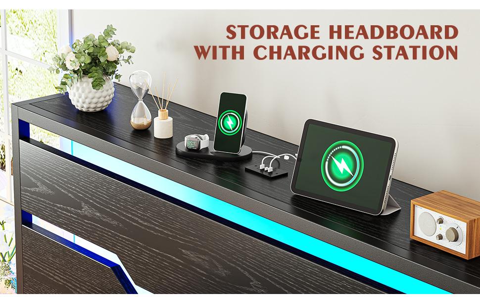 Wood Bed Frame for Queen King Full with Headboard & Storage Shelf, Queen Size Bed Frame with LED Lights & Charging Station,  No Mattress, Holds up to 900LBS with Metal Slats & Frame, No Noise