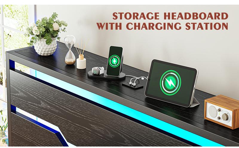 Wood Bed Frame for Queen King Full with Headboard & Storage Shelf, Queen Size Bed Frame with LED Lights & Charging Station,  No Mattress, Holds up to 900LBS with Metal Slats & Frame, No Noise