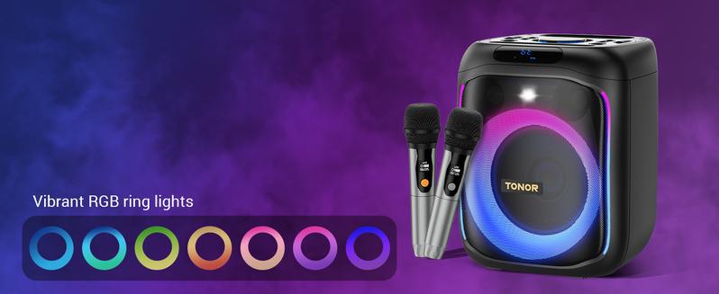 TONOR K6 Karaoke Machine for Adults, Portable Bluetooth Singing PA Speaker System with 2 Wireless Microphones and RGB LED Lights, Supports BT/AUX/USB/TF Card for Party, Home Karaoke, Outdoor/Indoor