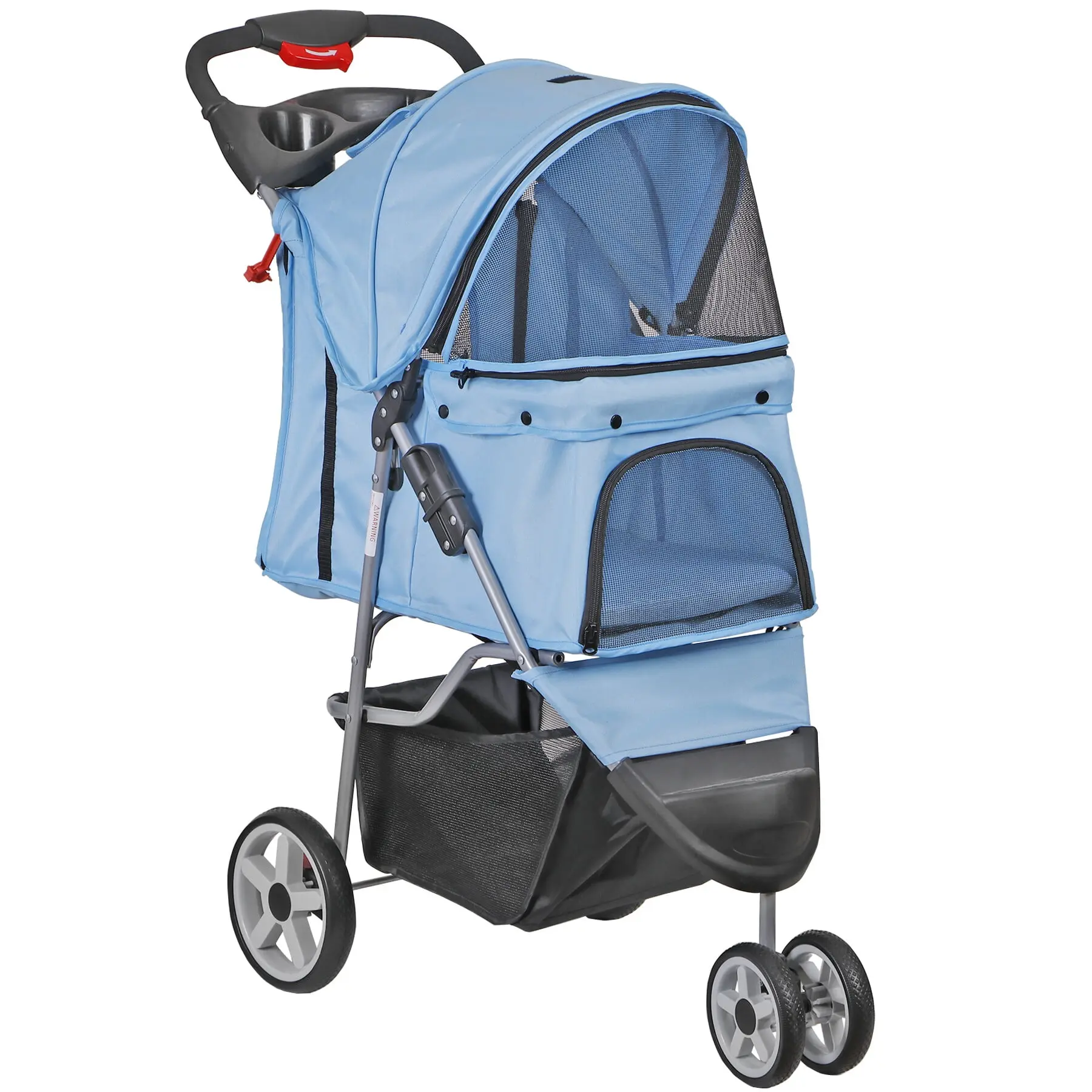 Foldable Puppy Stroller - 3-Wheel, 360-Degree Rotatable, Portable, Solid Metal Frame, Convertible Top Sun-Shielding Fabric Animal Carrier for Dogs & Cats, Blue with Storage, Convertible Top Shields From Sun