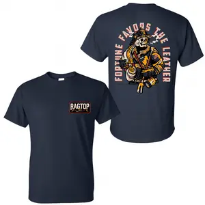 Fortune Favors The Leather Skeleton Firefighter T-Shirt, 2 Sides, Ragtop Skeleton Firefighter Graphic Tee