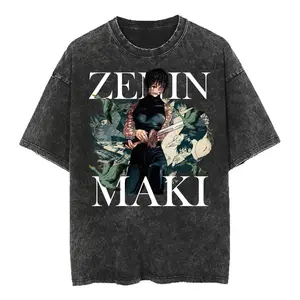 Harajuku Anime Jujutsu Kaisen Zenin Maki Vintage Washed T-Shirt Cotton Men's Streetwear Oversized Women Short Sleeve Unisex Y2k