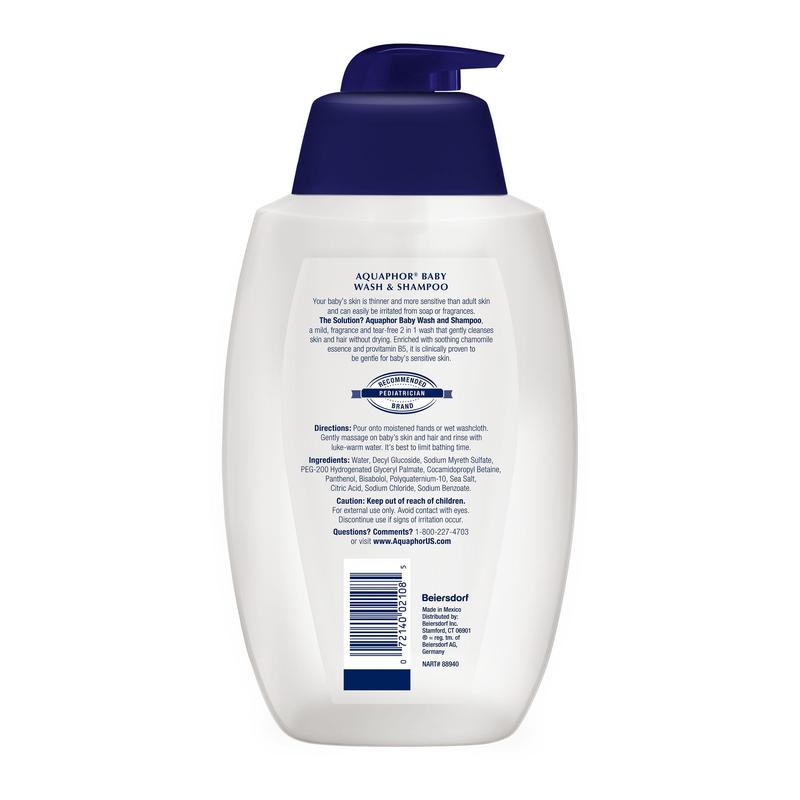 Aquaphor Baby Wash and Shampoo Unscented 25.4 fl oz Pump Bottle for Sensitive Skin with Chamomile Essence and Provitamin B5 Extra Mild 2 in 1 Solution Tear-Free Cleansing