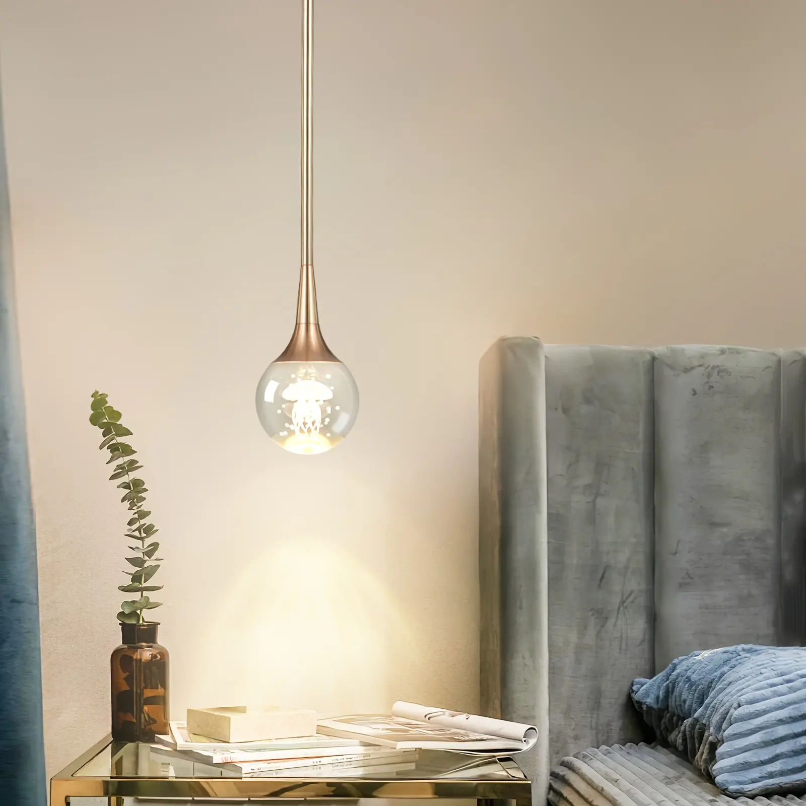 1-Light Modern LED 3200K Pendant Light, Gold Metal Rod Light Fixture with Crystal Jellyfish, Teardrop Hanging Light for Kitchen Island, Bedroom, Bar
