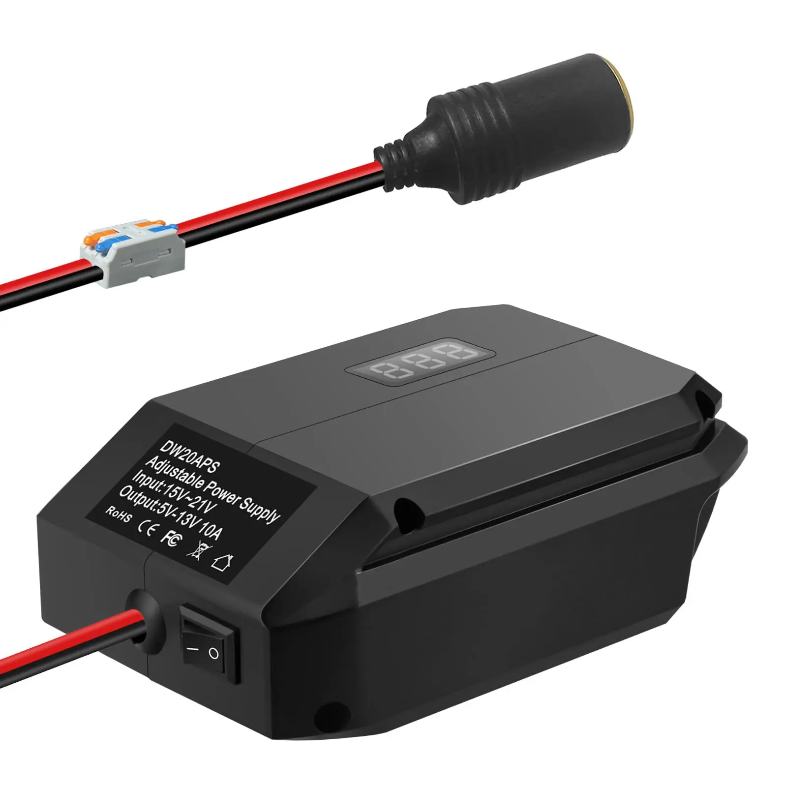 Step Down Converter for Dewalt 20V Max Battery, DC 18V-20V to 5V-13V Adjustable Voltage Regulator Adapter, 10A 130W Max Power Supply for 12V Devices with LED Display, Wire Connector & Cigarette Lighter Socket