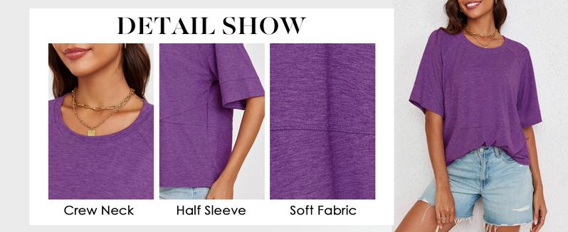 PiePieBuy Women's 2025 Autumn Casual Crewneck Batwing Half Sleeve T-Shirts Solid Color Loose Fit Cute Basic Flowy Tops Tees Summer